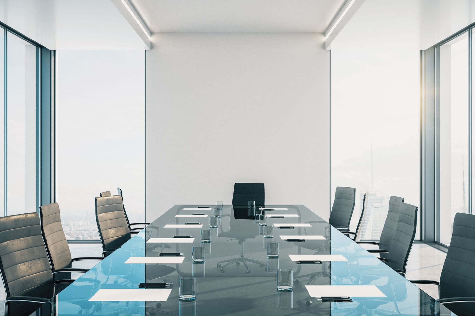 A glass table top in an office meeting room