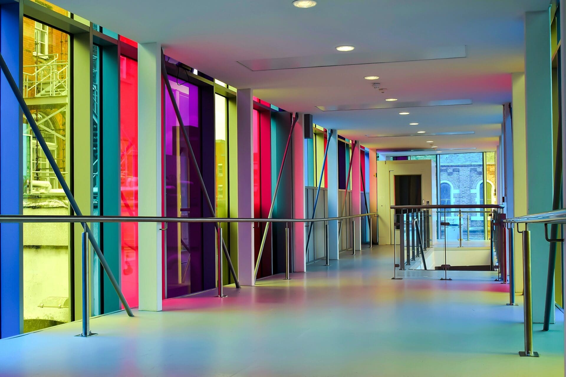 Colored glass windows in a modern building