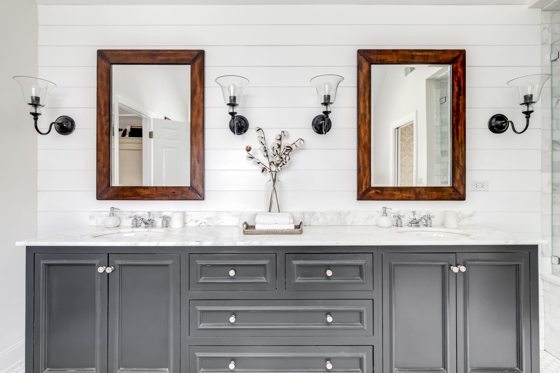 custom mirrors in a farmhouse bathroom