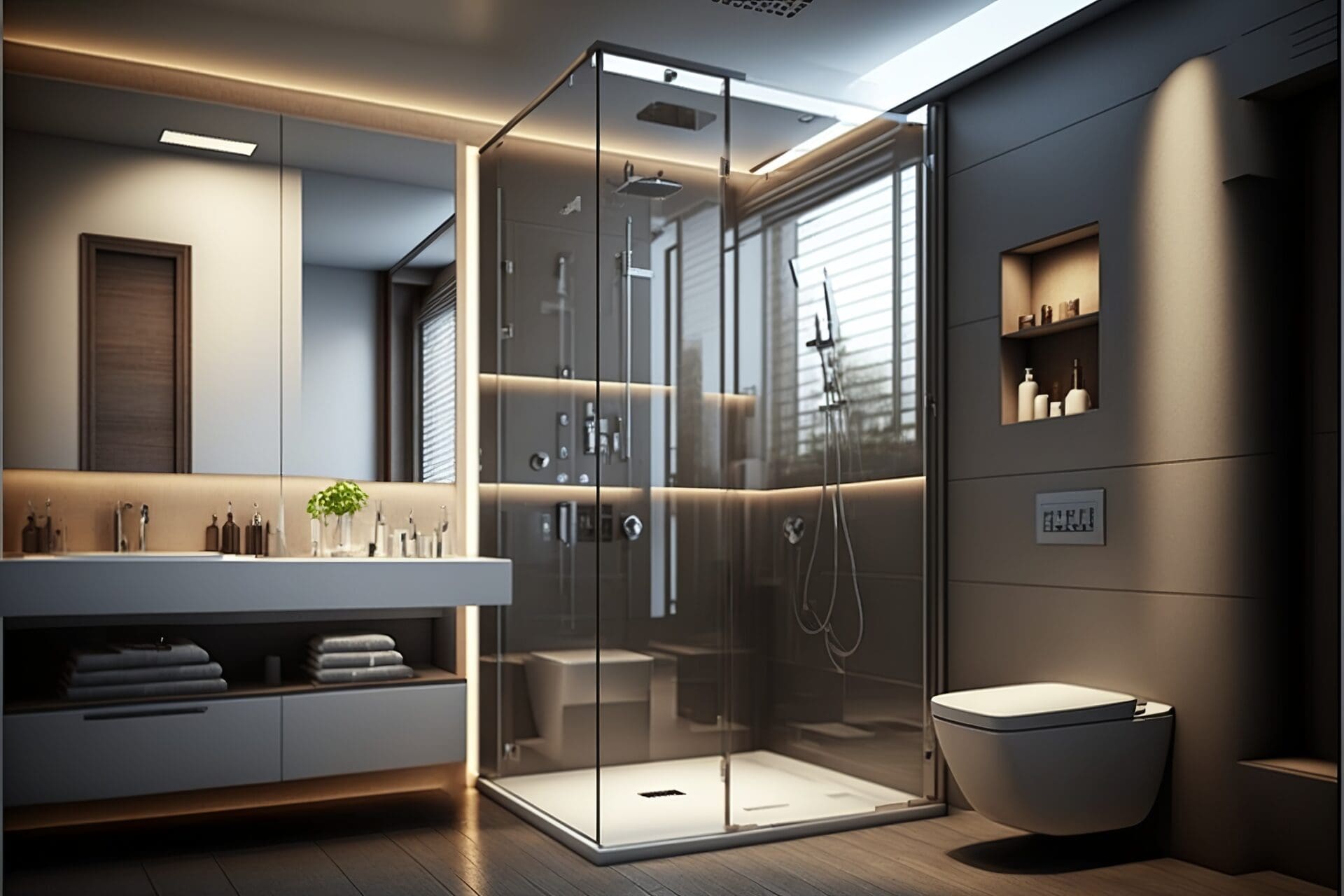 Glass shower enclosure in a modern bathroom