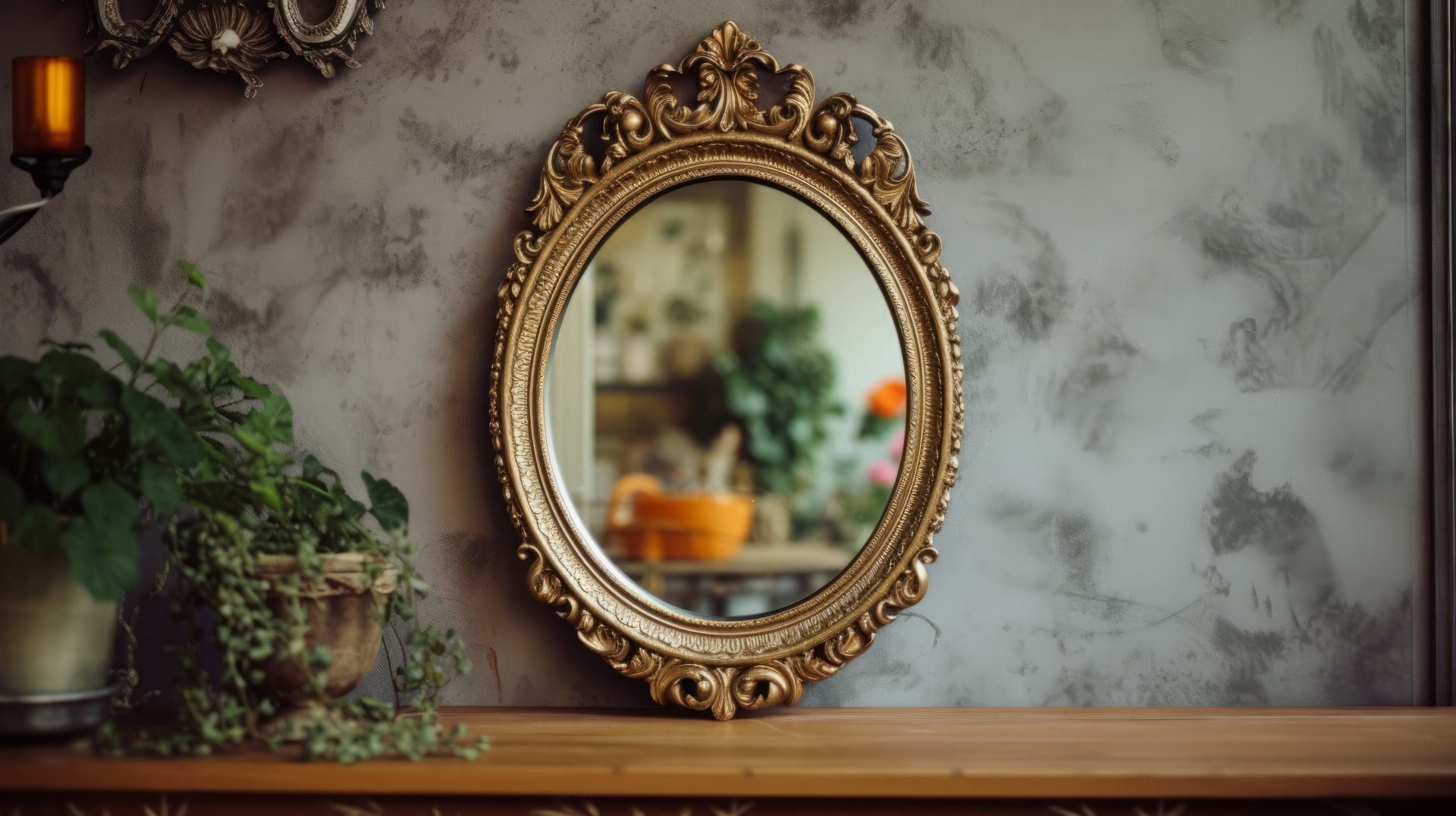 An antique mirror on a shelf