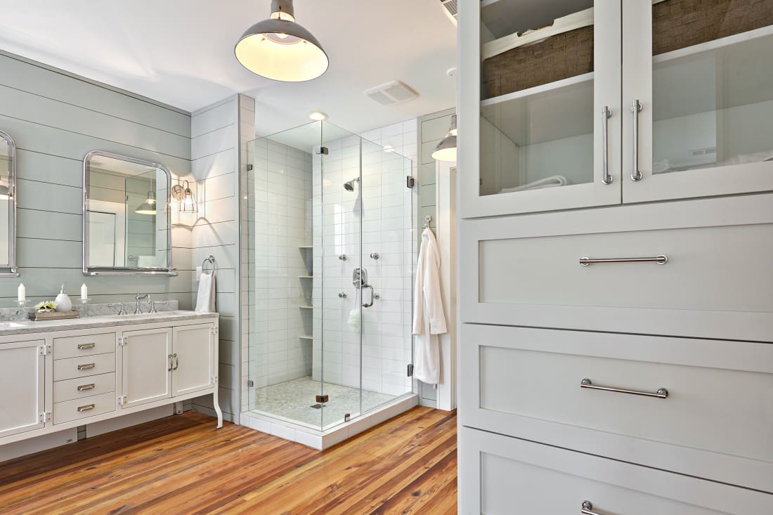 Modern bathroom with frameless shower doors