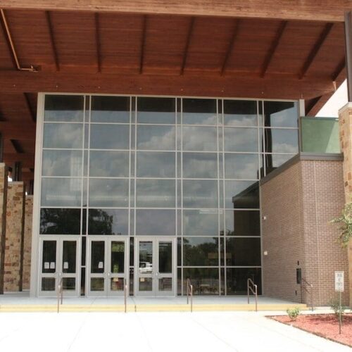 Exterior View of Storefront Entrance Doors & Curtain Wall System | Jerry Fay Wilhelm Center for Performing Arts | Commercial Projects | Anchor-Ventana