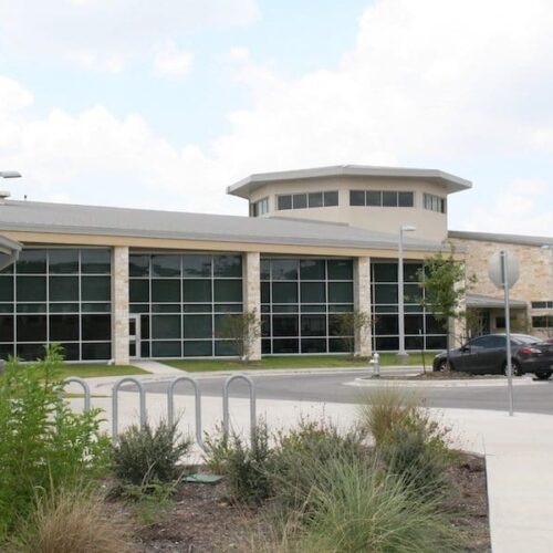 Exterior View of Glass Curtain Wall Systems on Side of Building | Lake Travis Middle School | Commercial Projects | Anchor-Ventana