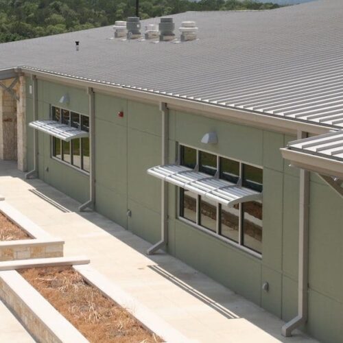 Exterior View of Glass Windows with Sunshades from Above | Lake Travis Middle School | Commercial Projects | Anchor-Ventana