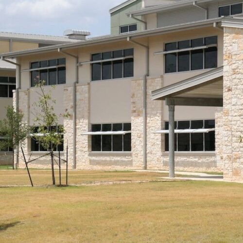 Exterior View of Glass Windows with Sunshades | Lake Travis Middle School | Commercial Projects | Anchor-Ventana