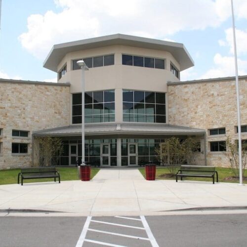 Exterior View of Glass Curtain Wall System & Storefront Entrance | Lake Travis Middle School | Commercial Projects | Anchor-Ventana