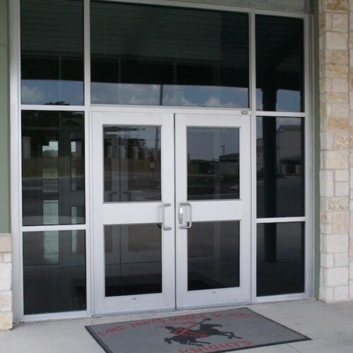 Exterior View of Glass Storefront Entrance Doors | Lake Travis Middle School | Commercial Projects | Anchor-Ventana