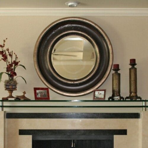 Double Glass Mantle with Standoff Bases and Caps in Living Room; Glass Shelves; Custom Framed Mirror | Cabinet Glass & Shelves Gallery | Residential Products | Anchor-Ventana Glass