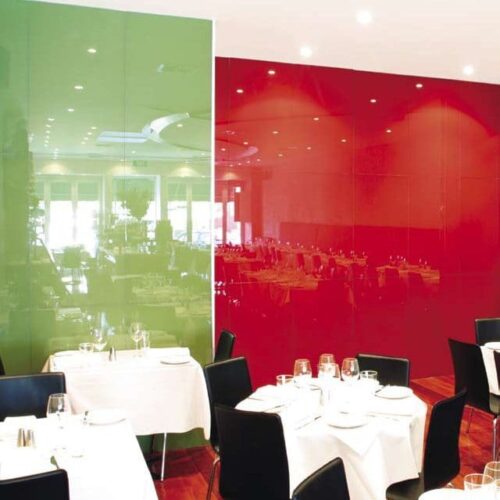 Green & Red Back Painted Glass Wall Partitions | Colored Glass Gallery | Residential Products | Anchor-Ventana Glass