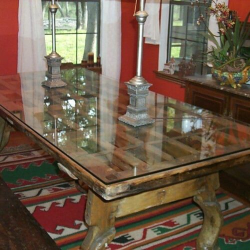 Clear Glass Top to Protect Dining Room Table Made From Re-purposed Antique Door | Glass Countertops / Table Tops Gallery | Residential Products | Anchor-Ventana Glass