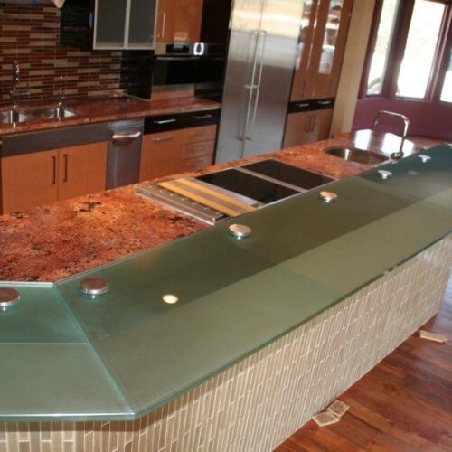 Glass Counter Top Set with Standoff Bases and Caps at Kitchen Bar | Glass Countertops / Table Tops Gallery | Residential Products | Anchor-Ventana Glass