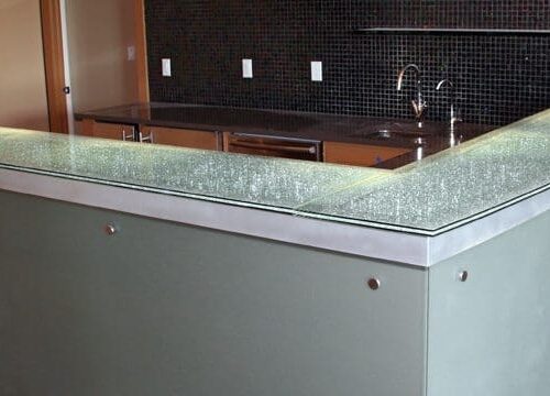 Krackle Top with Saten Glass Front Secured with Caps at Bar in Kitchen | Glass tops / Table Tops Gallery | Residential Products | Anchor-Ventana Glass