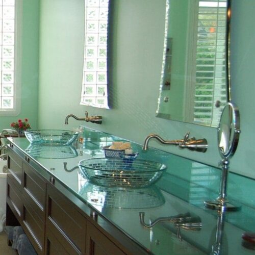 Glass Vanity top Set with Standoff Bases and Caps at Bathroom | Glass tops / Table Tops Gallery | Residential Products | Anchor-Ventana Glass