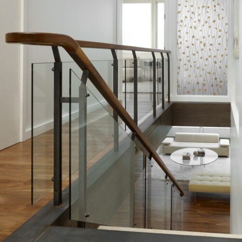 3-Form Leaf EcoResin Panel and Glass Handrail set with Standoff Caps in Stairway | Glass Handrail Systems | Residential Gallery | Anchor-Ventana Glass