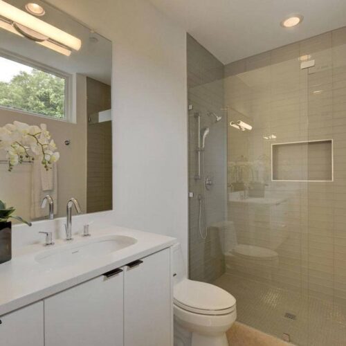 Frameless Inline Shower & Frameless Mirror in Bathroom | Mirrors Gallery | Anchor-Ventana Glass