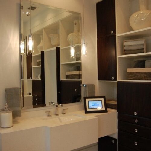 Frameless Mirror with Bevel Set with Standoff Bases & Caps in Bathroom | Mirrors Gallery | Anchor-Ventana Glass