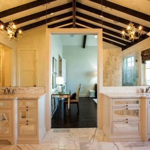 Vanities with Frameless Antique Mirrors in Cabinet Fronts and Mirrors Above in Bathroom | Mirrors Gallery | Anchor-Ventana Glass