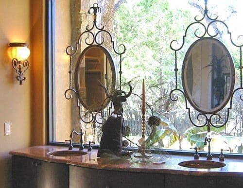 Framed Mirrors Set in Window Glass with Standoffs in Bathroom | Mirrors Gallery | Anchor-Ventana Glass