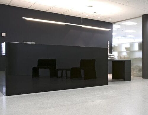 Black Glass in Modern Office Reception Area | Other Commercial Glass | Commercial Products | Anchor-Ventana Glass