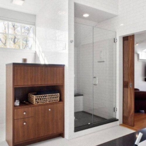 Frameless Inline Glass Shower with Light Tile | Shower Gallery | Anchor-Ventana Glass