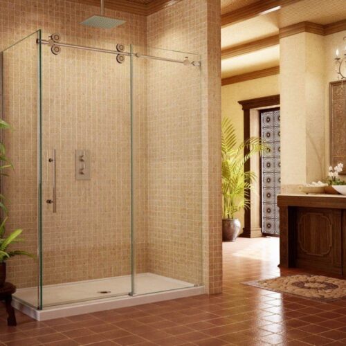 Frameless Pipeline Shower Slider with Corner in Bathroom | Shower Gallery | Anchor-Ventana Glass