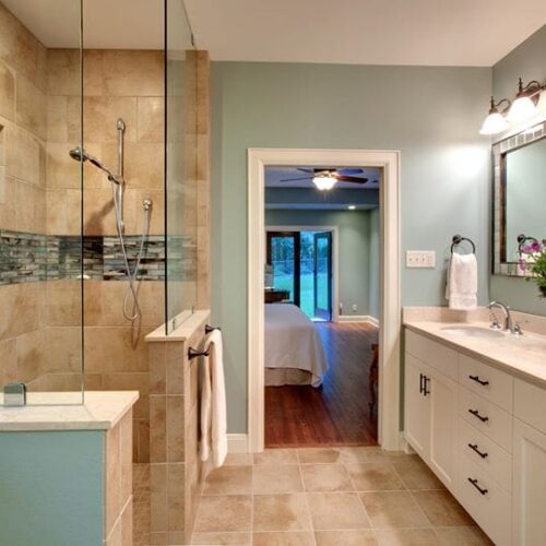 Frameless Fixed Panels Set With Clamps in Bathroom | Shower Gallery | Anchor-Ventana Glass