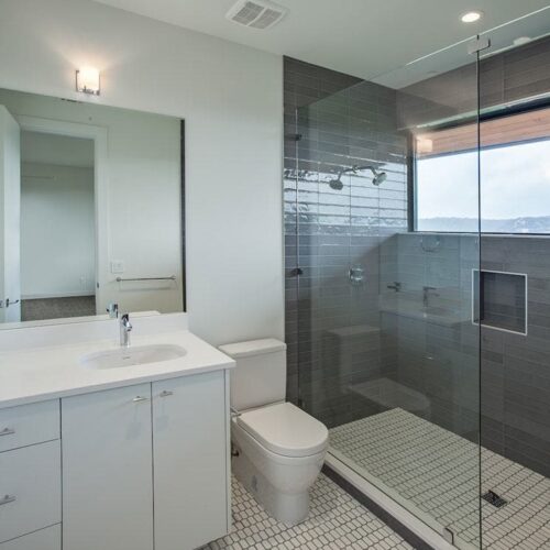 Frameless Inline Shower and Frameless Mirror in Bathroom | Shower Gallery | Anchor-Ventana Glass