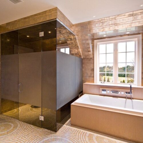 Contemporary bathroom design featuring smoked glass shower enclosure | Shower Gallery | Anchor-Ventana Glass