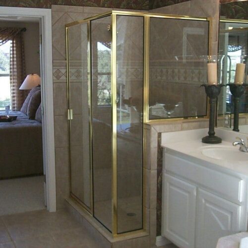 Traditional Framed Shower Door - Gold Frame | Shower Gallery | Anchor-Ventana Glass