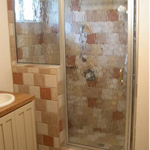 Framed Shower Door with Flemish Glass in Bathroom | Shower Gallery | Anchor-Ventana Glass