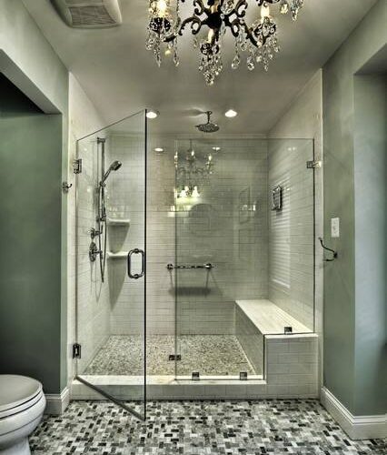 Frameless Shower Enclosure with Clamps at Notched Fixed Panel in Bathroom | Shower Gallery | Anchor-Ventana Glass