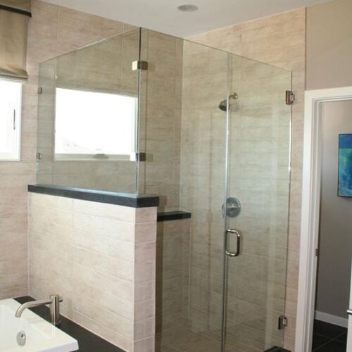 Frameless Corner Shower Enclosure with Channel on Fixed Panels in Bathroom | Shower Gallery | Anchor-Ventana Glass